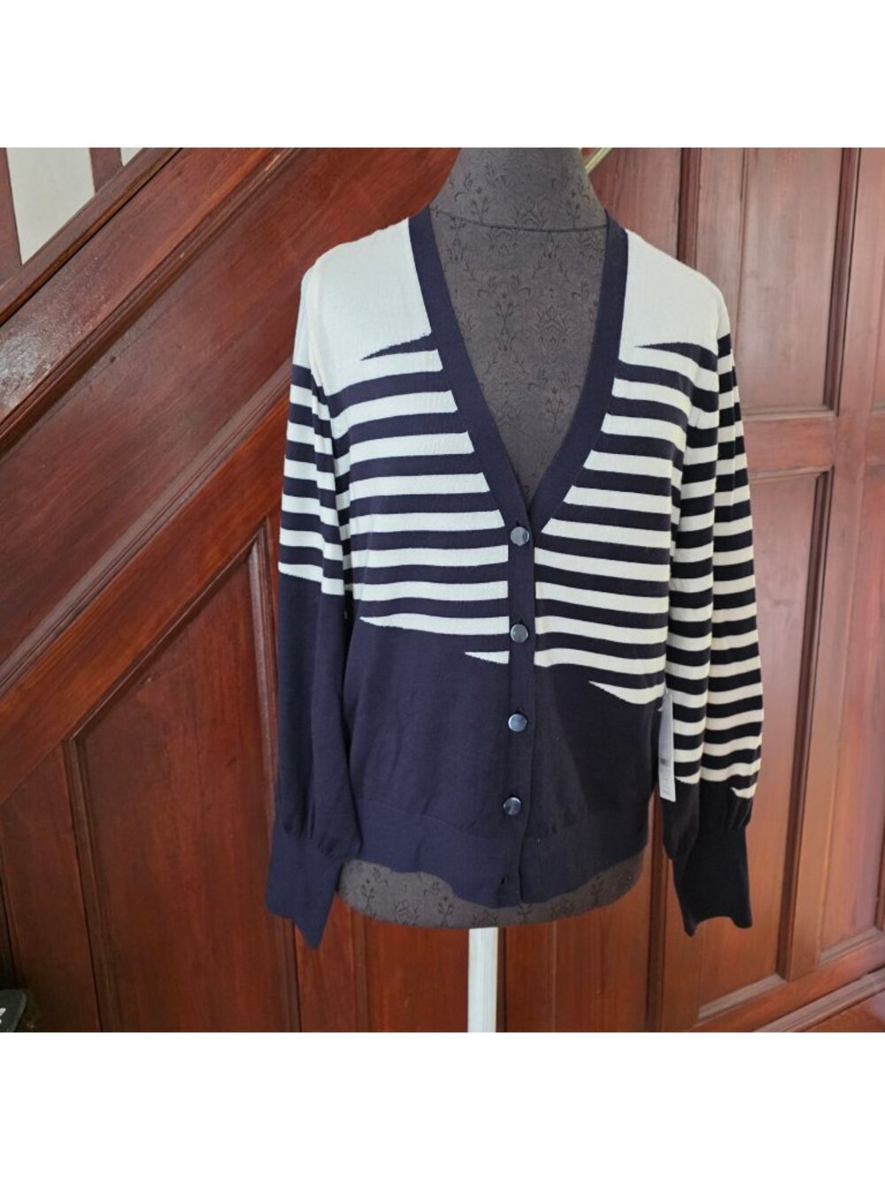 Chicos Mixed Stripe Navy & White Button-Up Cardigan Sweater Size 2 (L) NWT